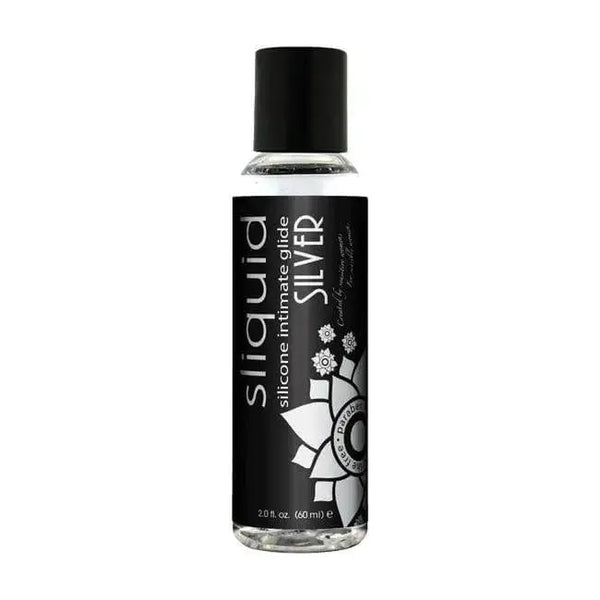 Sliquid Silver silicone-based lubricant in a clear 2 oz bottle with black cap and label