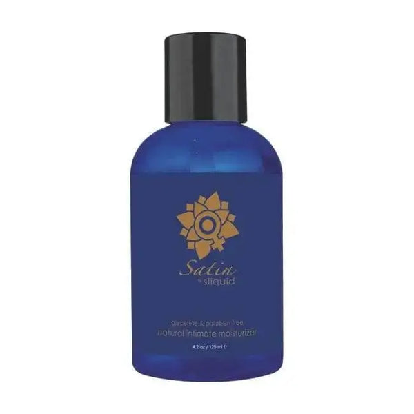 Sliquid Satin Intimate Moisturizer in a blue 4.2oz bottle with black cap, glycerine-free formula