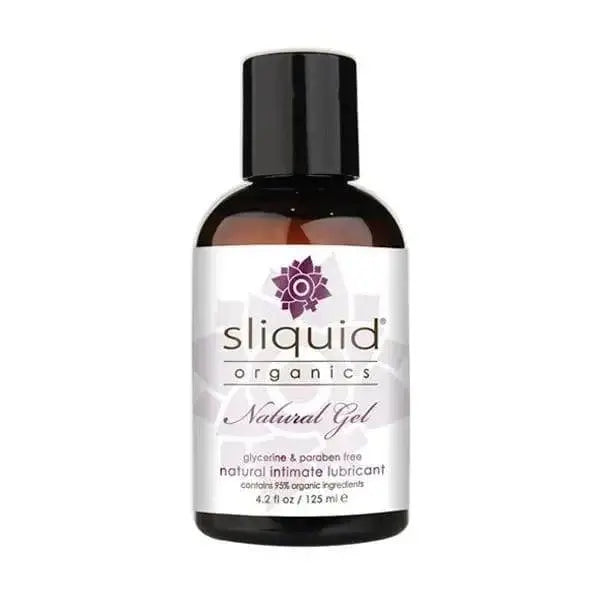 Sliquid Organics Natural Gel lubricant in a 4.2 oz dark bottle with white label