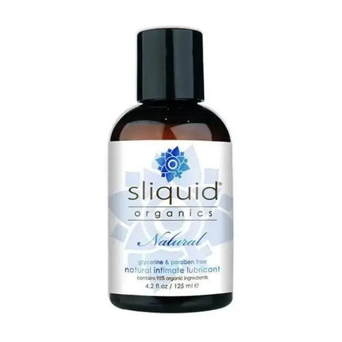 Sliquid Organics Natural lubricant, 4.2 oz amber bottle with white label and blue lotus logo