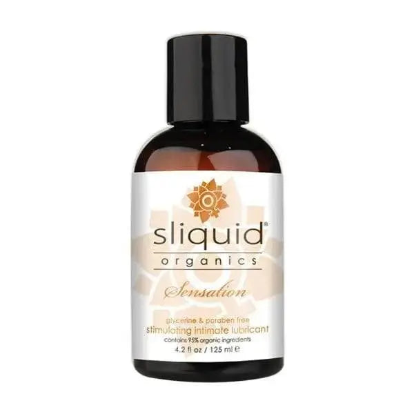 Sliquid Organics Sensation stimulating lubricant in a 4.2 oz amber bottle, glycerine-free formula