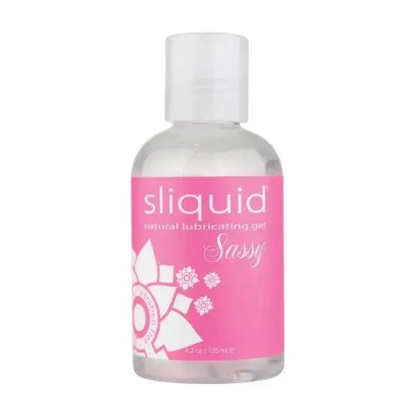 Sliquid Sassy natural lubricating gel in a clear 4.2 oz bottle with pink label