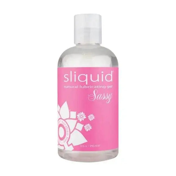 Sliquid Sassy Natural Lubricating Gel in a clear 8.5 oz pump bottle with pink label