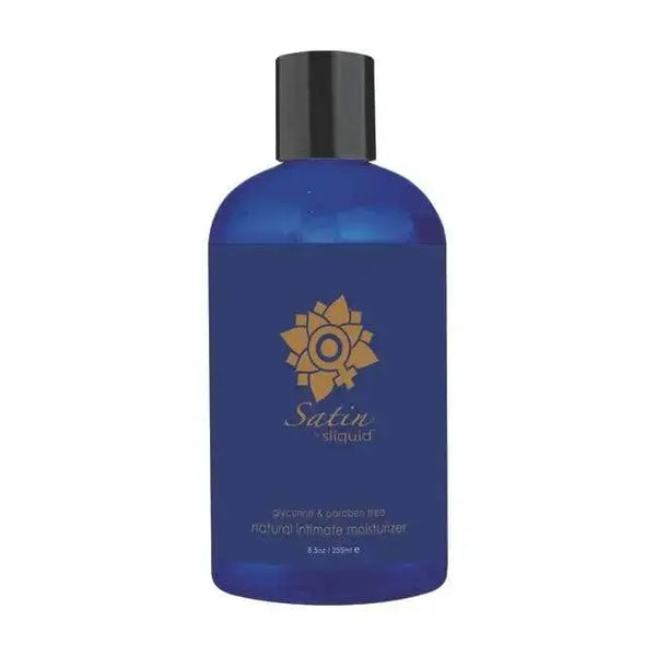 Sliquid Satin Intimate Moisturizer in a blue bottle with black cap, glycerin-free formula