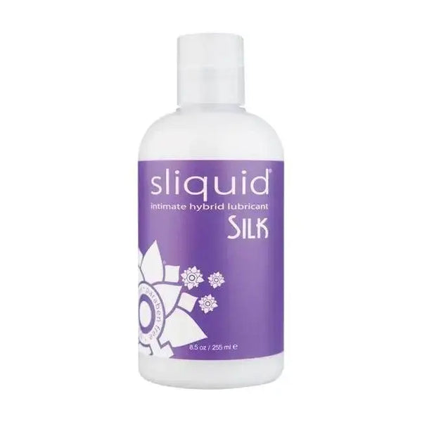 Sliquid Silk Hybrid Lubricant in a white pump bottle with purple label, 8.5 oz