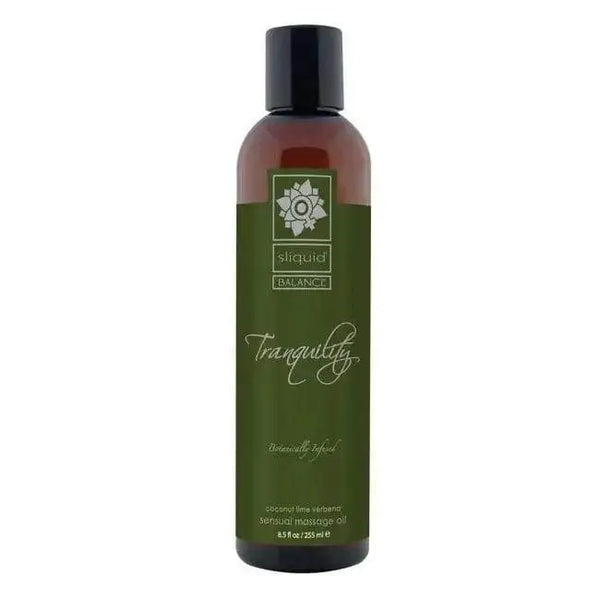 Sliquid Balance Tranquility massage oil in an amber 8.5 oz bottle with green botanical label