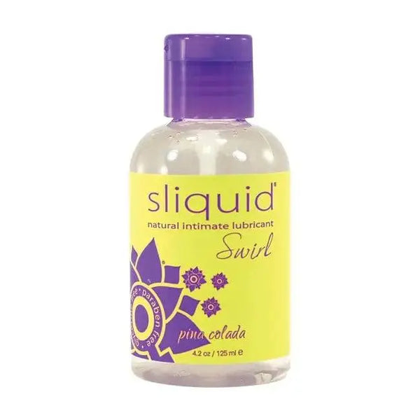 Sliquid Swirl pina colada flavored lubricant in a clear 4.2 oz bottle with purple cap