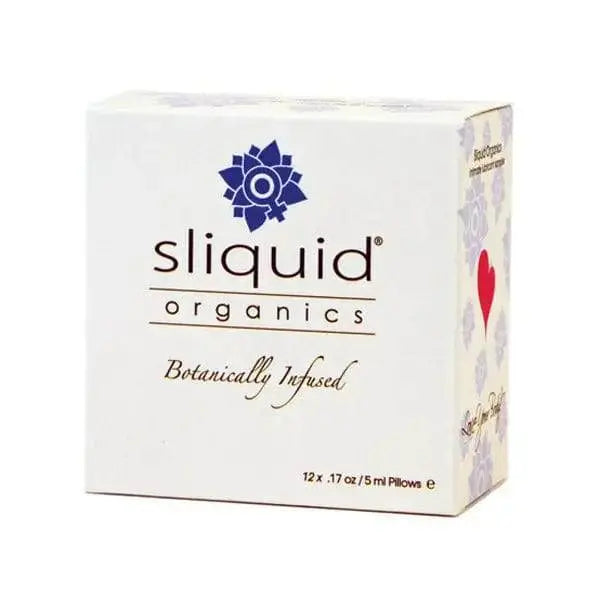 Sliquid Organics Cube Sampler box containing 12 botanically infused lubricant pillows, 5ml each