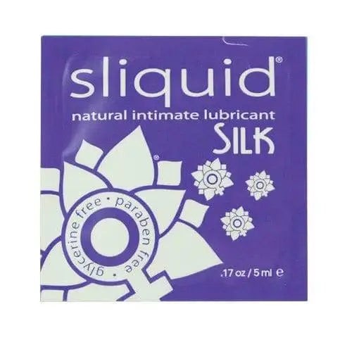 Sliquid Silk hybrid lubricant pillow pack, 5ml single-use sachet, purple with floral design
