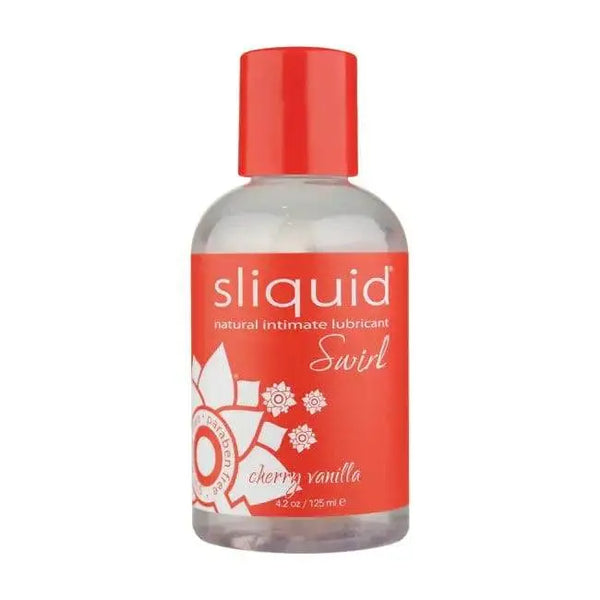 Sliquid Swirl cherry vanilla flavored lubricant in a clear 4.2 oz bottle with red cap