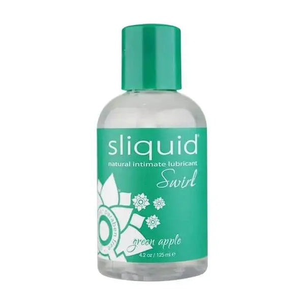 Sliquid Swirl Green Apple flavored lubricant in a clear 4.2 oz bottle with teal cap