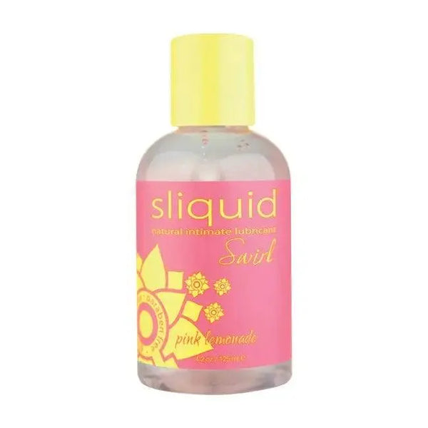 Sliquid Swirl pink lemonade flavored lubricant in a clear 4.2oz bottle with yellow cap
