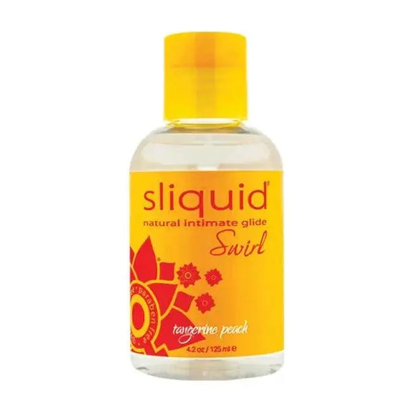 Sliquid Swirl flavored lubricant in tangerine peach, clear 4.2 oz bottle with yellow label