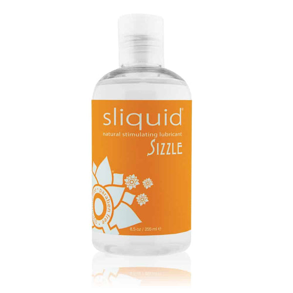 Sliquid Sizzle natural stimulating lubricant in a clear 8.5 oz flip-top bottle