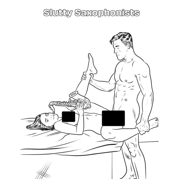 Slutty Saxophonists interior page showcasing the book's humorous adult scene line-art style