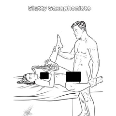 Slutty Saxophonists interior page showcasing the book's humorous adult scene line-art style