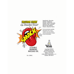Smack massage oil back label showing ingredients, warming formula details, and Wish brand logo
