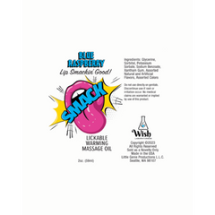 Smack massage oil back label showing ingredients, warming formula, and novelty product disclaimer