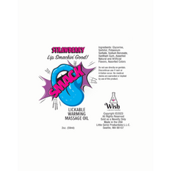 Smack massage oil label showing strawberry flavor, ingredients list, and Wish by Little Genie branding