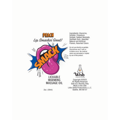 Smack Peach massage oil flat label showing ingredients, Wish logo, and novelty-use disclaimer