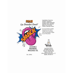 Close-up of Smack Peach massage oil label listing glycerine, sorbitol, and natural flavors