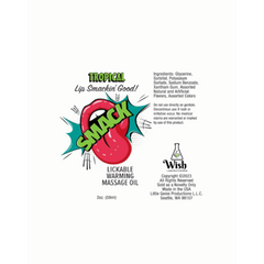 Smack Tropical massage oil flat label showing ingredients and Wish brand logo detail