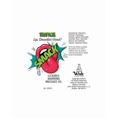 Close-up of Smack Tropical massage oil label listing glycerin-based ingredients and usage notes