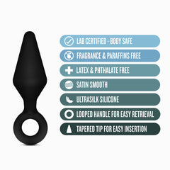 Small black silicone plug with loop handle beside feature callouts including ultrasilk silicone material