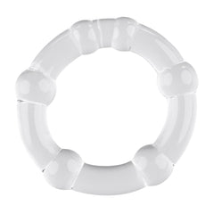 Close-up of the small clear cock ring displaying alternating bead and bar ridge pattern