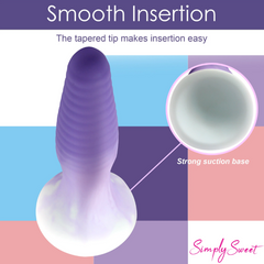Close-up of small ribbed purple plug with strong suction cup base detail shown