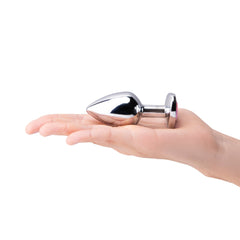 Small silver metal butt plug resting on open palm to illustrate compact size