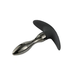 Small tapered gunmetal plug with ridged neck and curved silicone base shown from side angle