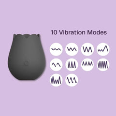 Smokin' Rose Vibe beside icons illustrating its 10 vibration mode patterns on a lavender background