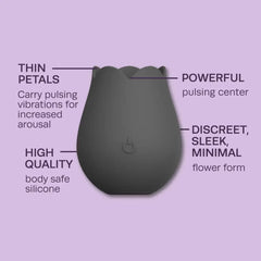 Smokin' Rose Vibe feature diagram showing thin petals, pulsing center, and body-safe silicone build