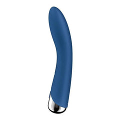 Smooth curved shaft of the Spinning Vibe 1 in matte blue silicone with polished silver base