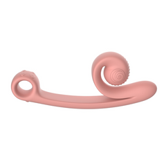 Snail Curve dual stimulator in peachy pink silicone, curved body with spiral clitoral head