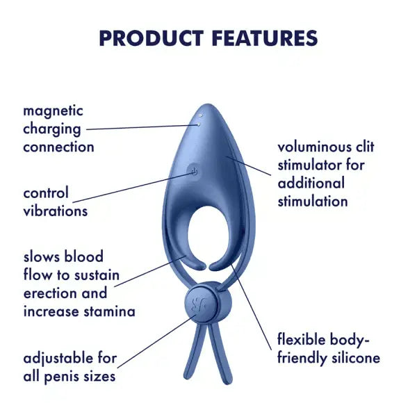 Sniper product features diagram highlighting magnetic charging, vibration control, and flexible silicone build