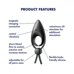 Sniper ring vibrator feature diagram showing magnetic charging, vibration control, and flexible silicone build