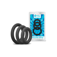 Snug Ring Swole packaging beside three black silicone rings showing product label