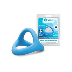Snug Ring Tri-Sling packaging beside blue triangular silicone cock ring, full product view