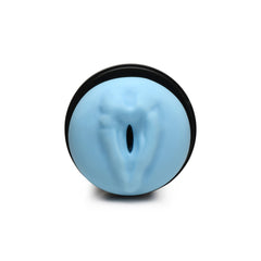 Close-up of soft blue silicone stroker opening set in black hard-shell casing