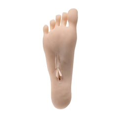 Sole view of light-tone foot stroker highlighting centrally placed penetrable opening