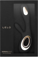 Soraya Wave rabbit massager in matte black with gold ring base, inside branded packaging