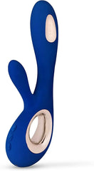 Close-up of Soraya Wave rabbit vibrator clitoral arm and soft matte blue silicone body texture