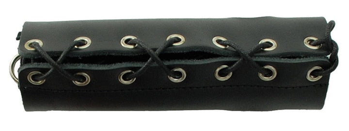 Spartacus lace-up leather sheath in black with silver eyelets and cord lacing