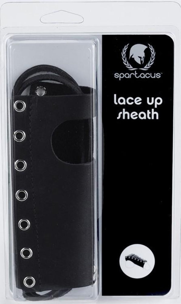 Spartacus lace up sheath shown in blister packaging with product label and detail inset