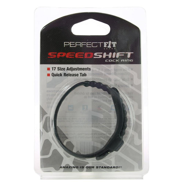Speed Shift Cock Ring packaging showing 17 size adjustments and quick-release tab features