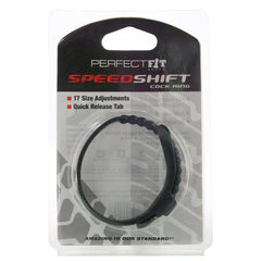 Speed Shift Cock Ring packaging showing 17 size adjustments and quick-release tab features