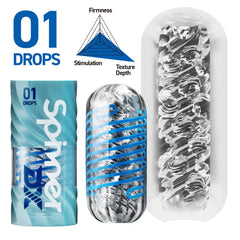 Spinner DX 01 Drops firmness and stimulation chart beside open sleeve revealing drop-textured interior