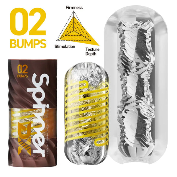 SPINNER DX 02 Bumps packaging, firmness chart, and cross-section showing internal bump texture